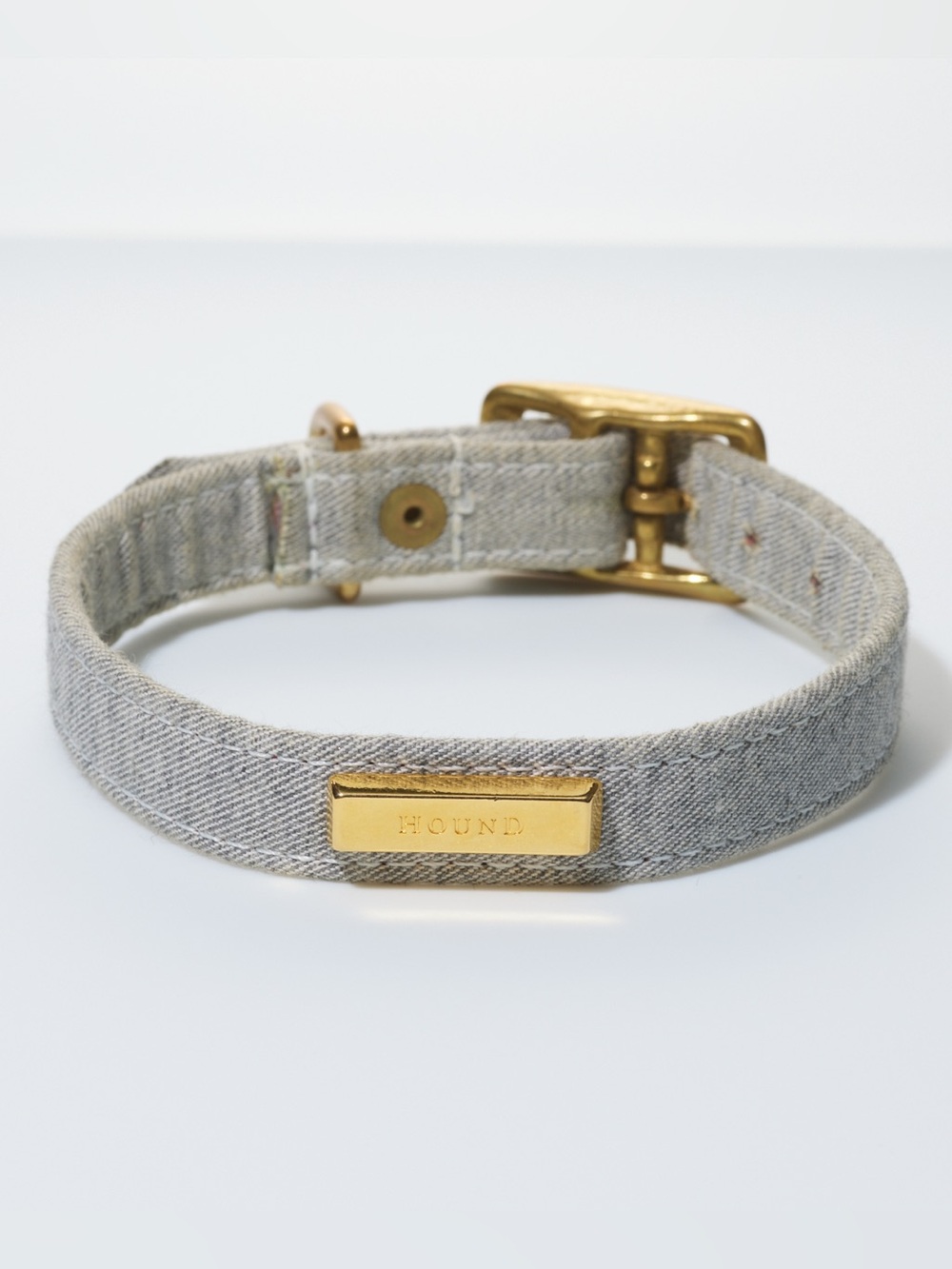 Leather Dog Collar by Hound Collection with Gold Bar Logo Gray Denim